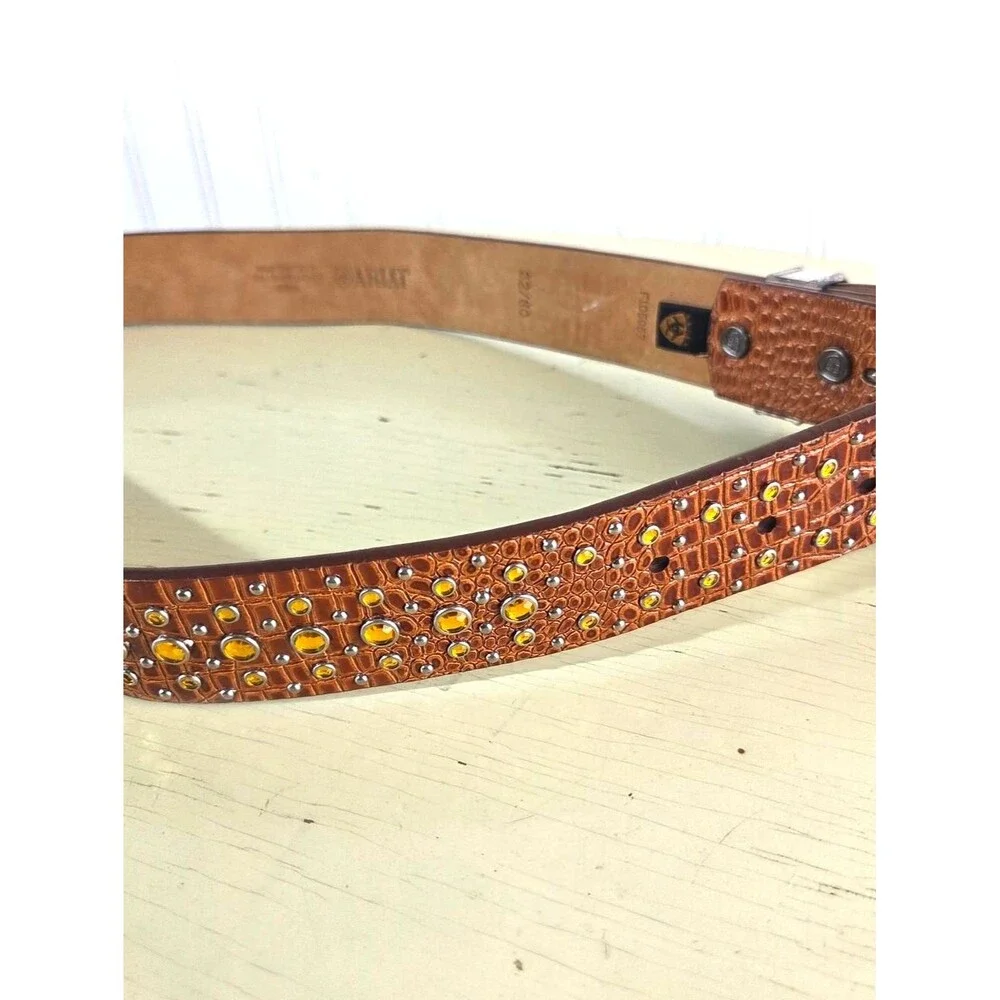 Vintage Ariat Western Leather Belt 1996 Brown Studded Rhinestone Concho Women M